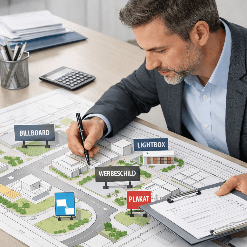 Ingenieur prüft Baupläne, um zu klären, ob für den Bauantrag einer Werbeanlage ein Architekt erforderlich ist.